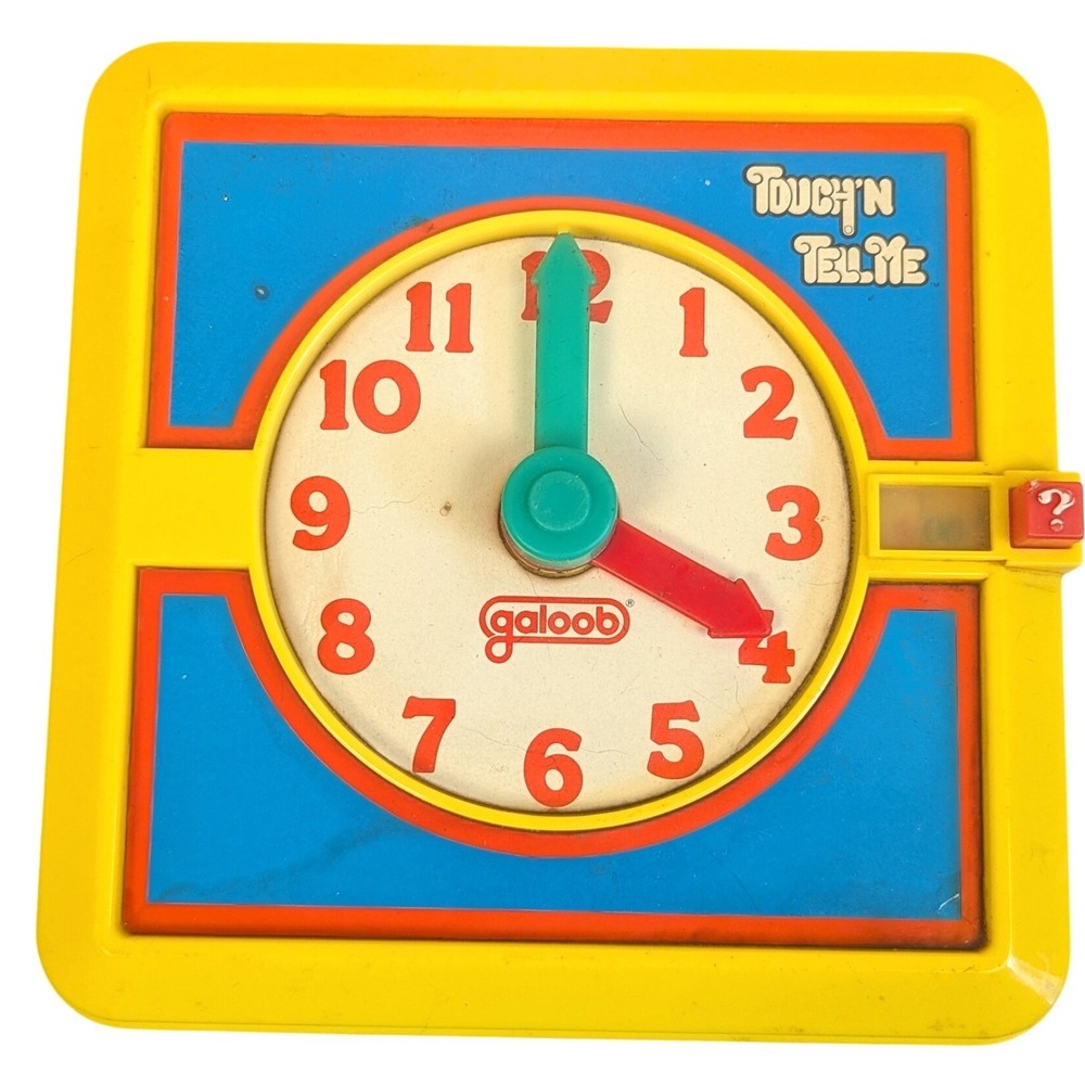 Vintage 1988 Galoob Touch N Tell Me Learning Clock Toy Yellow Retro Education